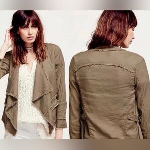 Free People Raw Hem Femme Linen Open Front Waterfall Drape Jacket Utility Coat